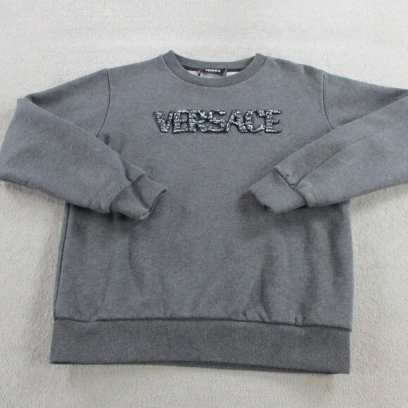 VERSACE Kids Logo Sweatshirt Size 12a Gray Logo Applique Fleece Sweater Crewneck - Picture 1 of 12